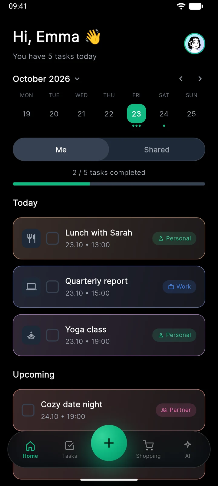 Planido home screen in dark mode