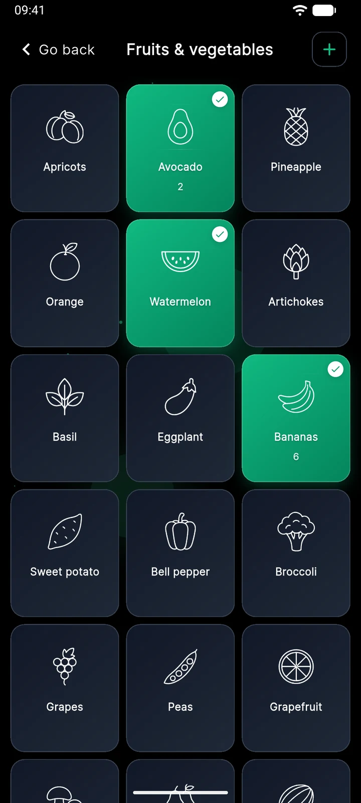 Planido shopping catalog in dark mode