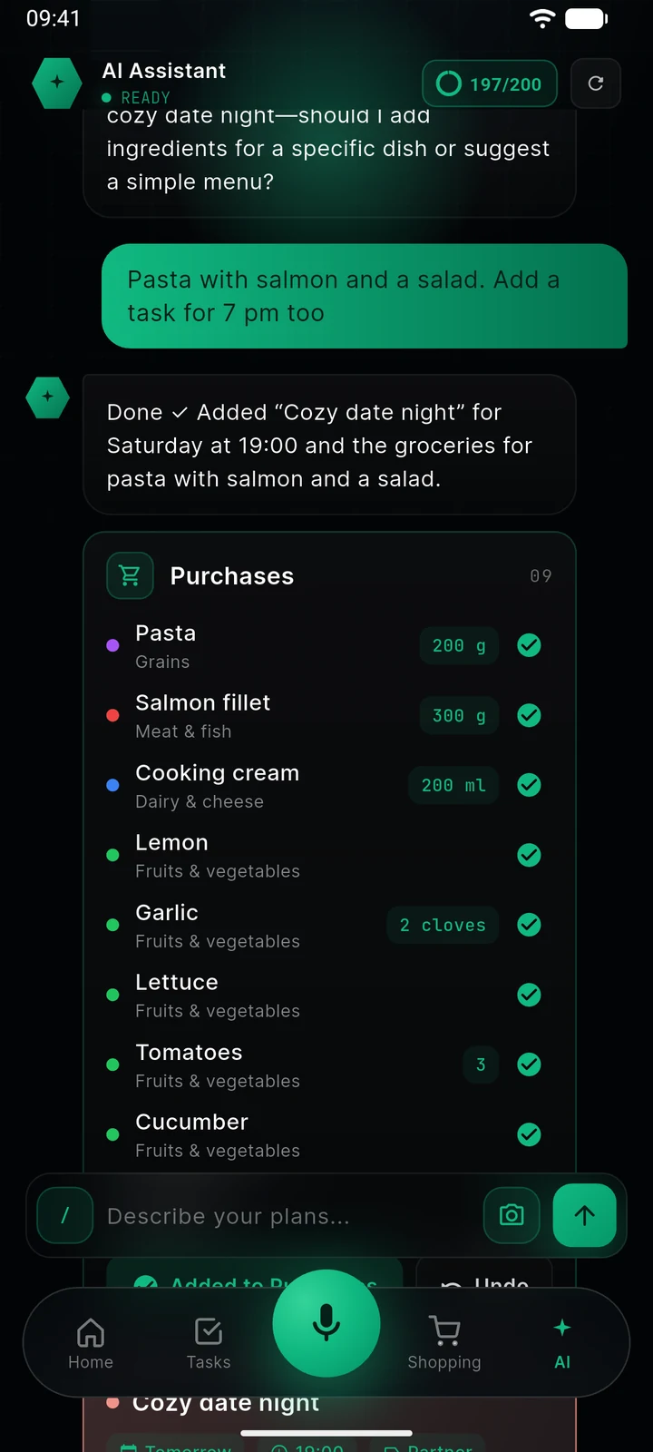 Planido AI assistant in dark mode
