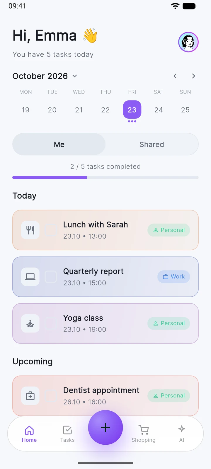 Planido home screen with today's tasks