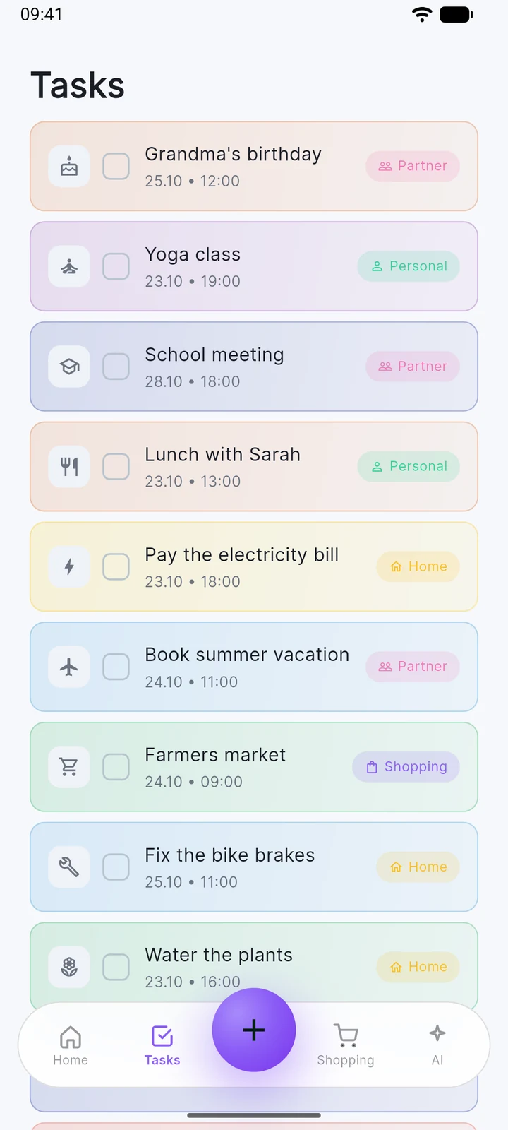 Full task list with categories