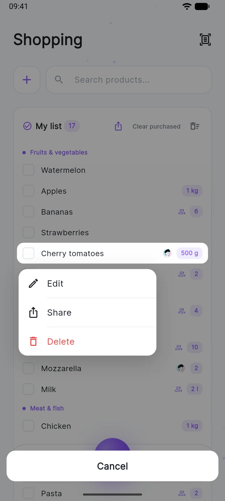 Menu to edit, share or delete a shopping item