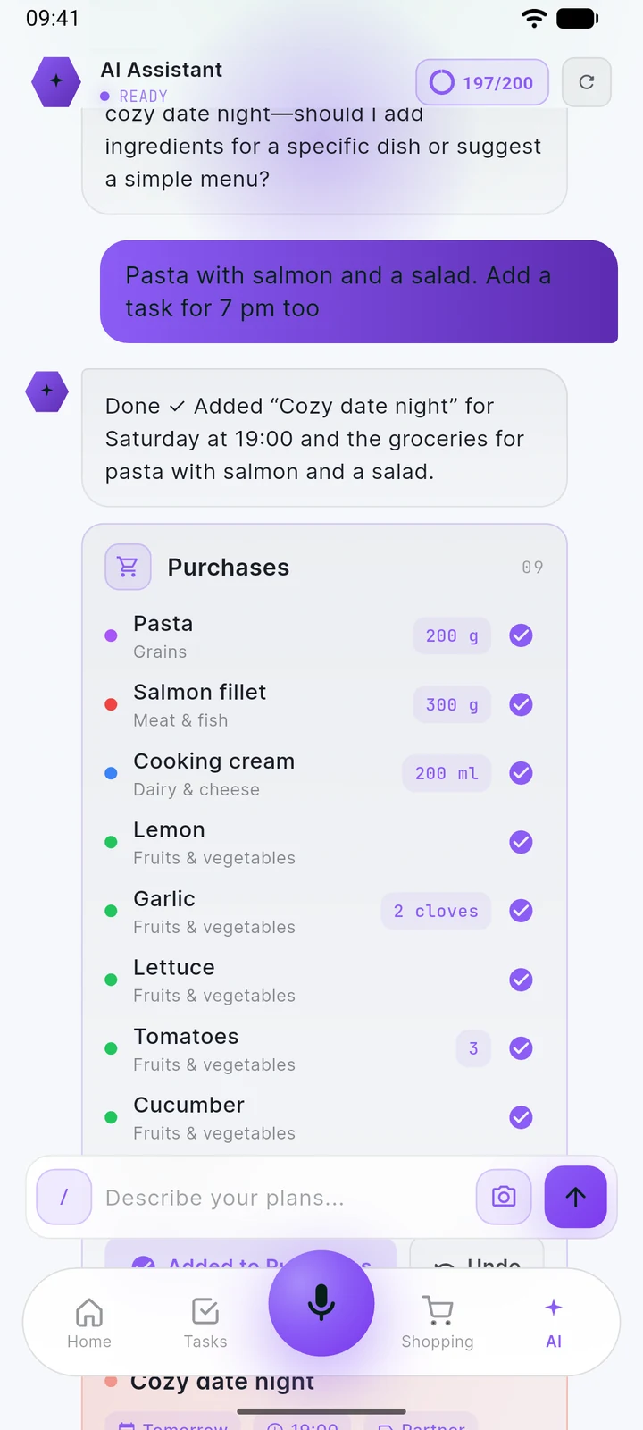 The AI assistant adding a task and groceries