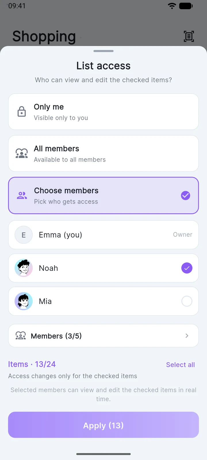 Choosing which members see the items
